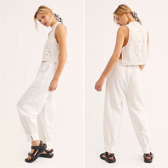 Free People Check It Out Tonal Embroidered Pants in Ivory M - Picture 2 of 16